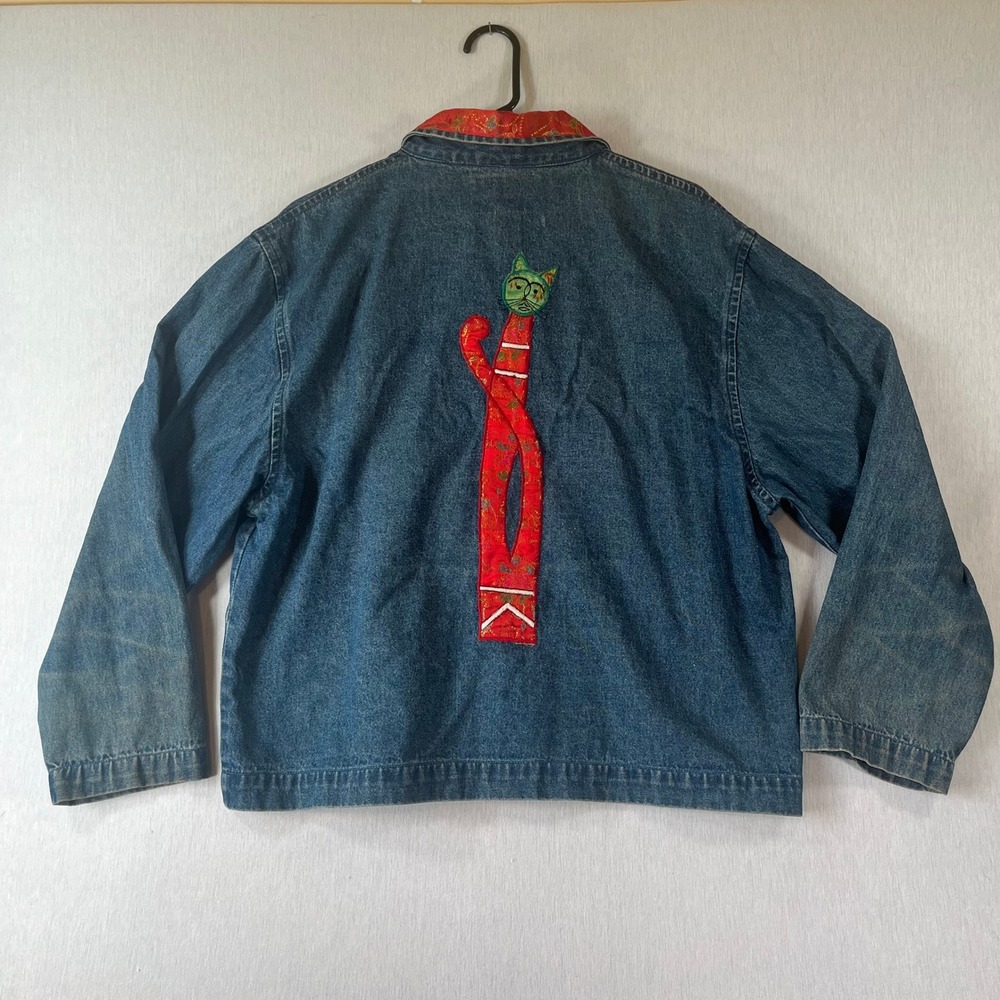 Tantrums Vintage Denim Jacket Women L Cat Patchwork Embroidered Art to Wear - Picture 2 of 16